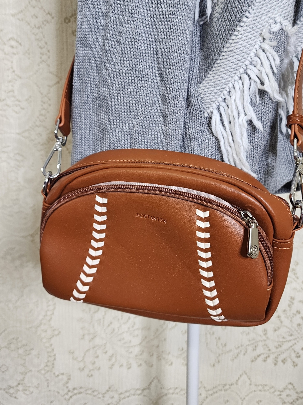 Bostanten Baseball Leather Crossbody Bag with White Stitch Detail